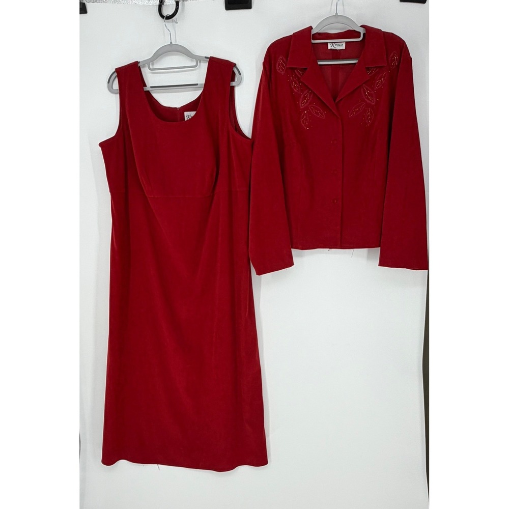 K Woman Dress Set Women 18W Red Faux Suede Beaded Jacket 2pc Vintage Embroidered